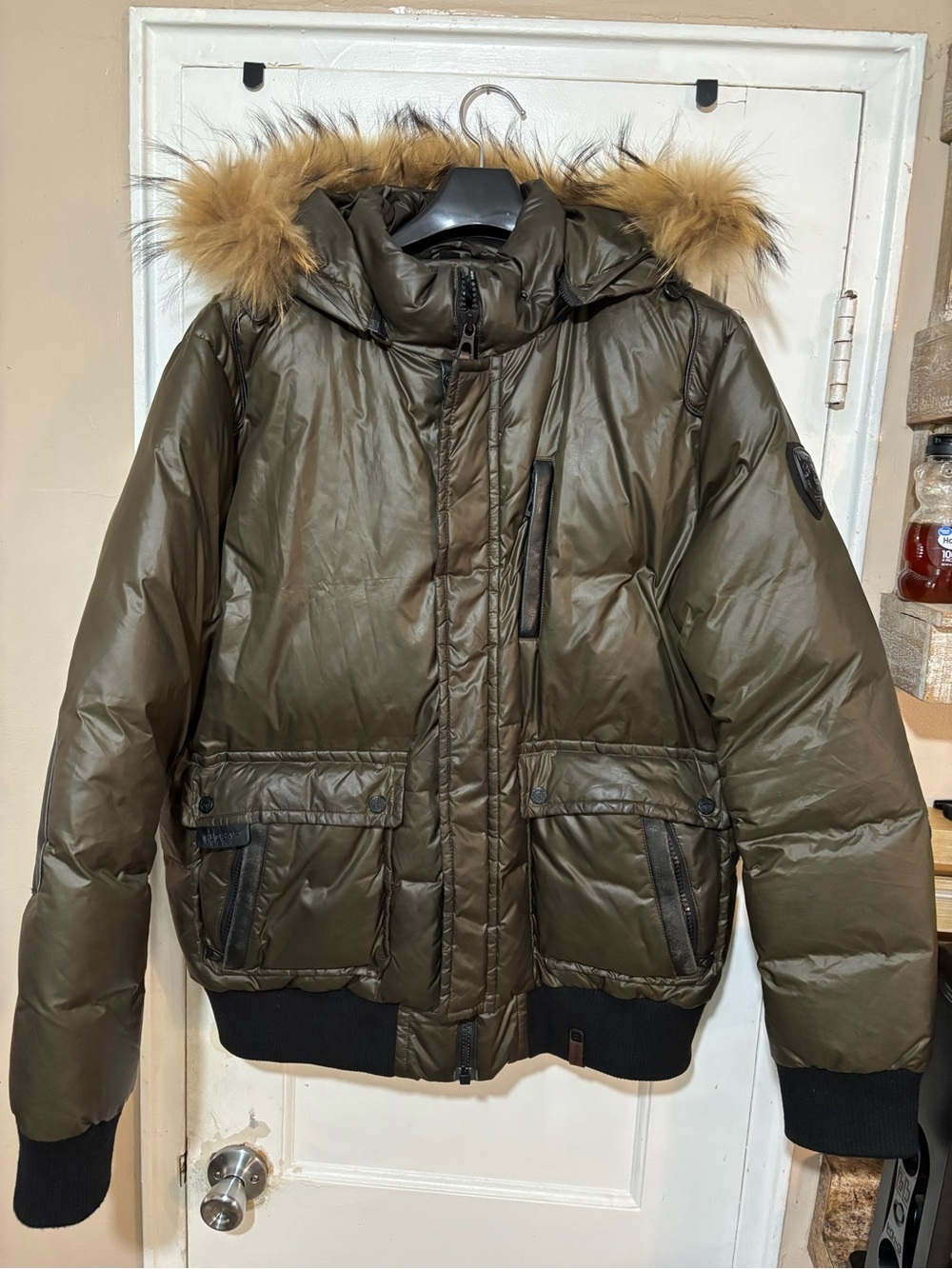 RUDSAK Green and Black Zip-Front Jacket with Leather Trim men’s.